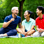 **Image:** A diverse group of fully clothed badminton players, laughing and sharing stories during a casual picnic in a park. Bright daylight, green grass, modest clothing. Focus on camaraderie. Safe for work, appropriate content, family-friendly, perfect anatomy, natural proportions, professional photography, high quality.