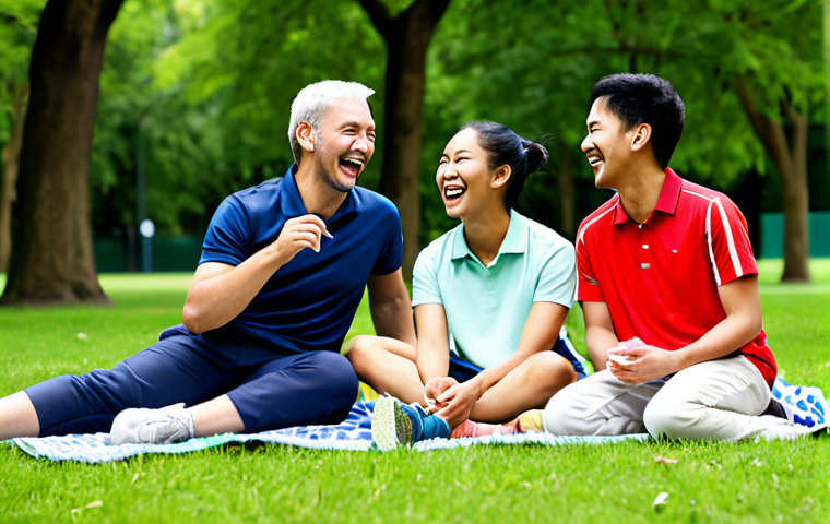 **Image:** A diverse group of fully clothed badminton players, laughing and sharing stories during a casual picnic in a park. Bright daylight, green grass, modest clothing. Focus on camaraderie. Safe for work, appropriate content, family-friendly, perfect anatomy, natural proportions, professional photography, high quality.
