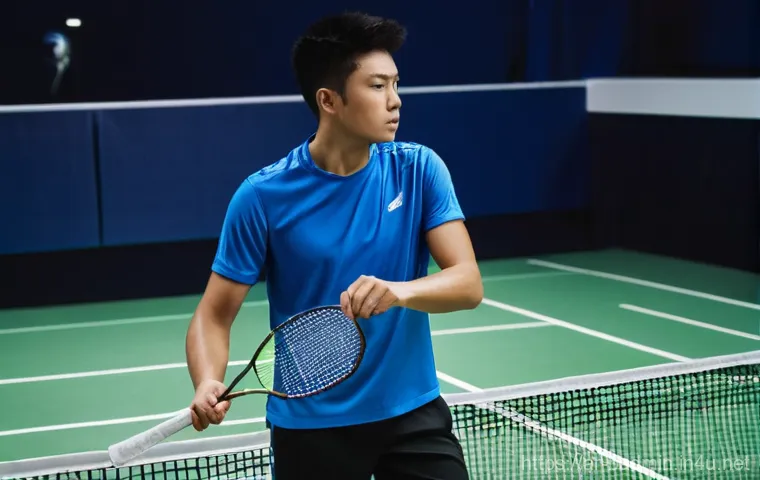 배드민턴 용품 관리 방법 - **Prompt 1: Dedicated Racket Maintenance**
"A male badminton player, mid-20s, with a focused exp...