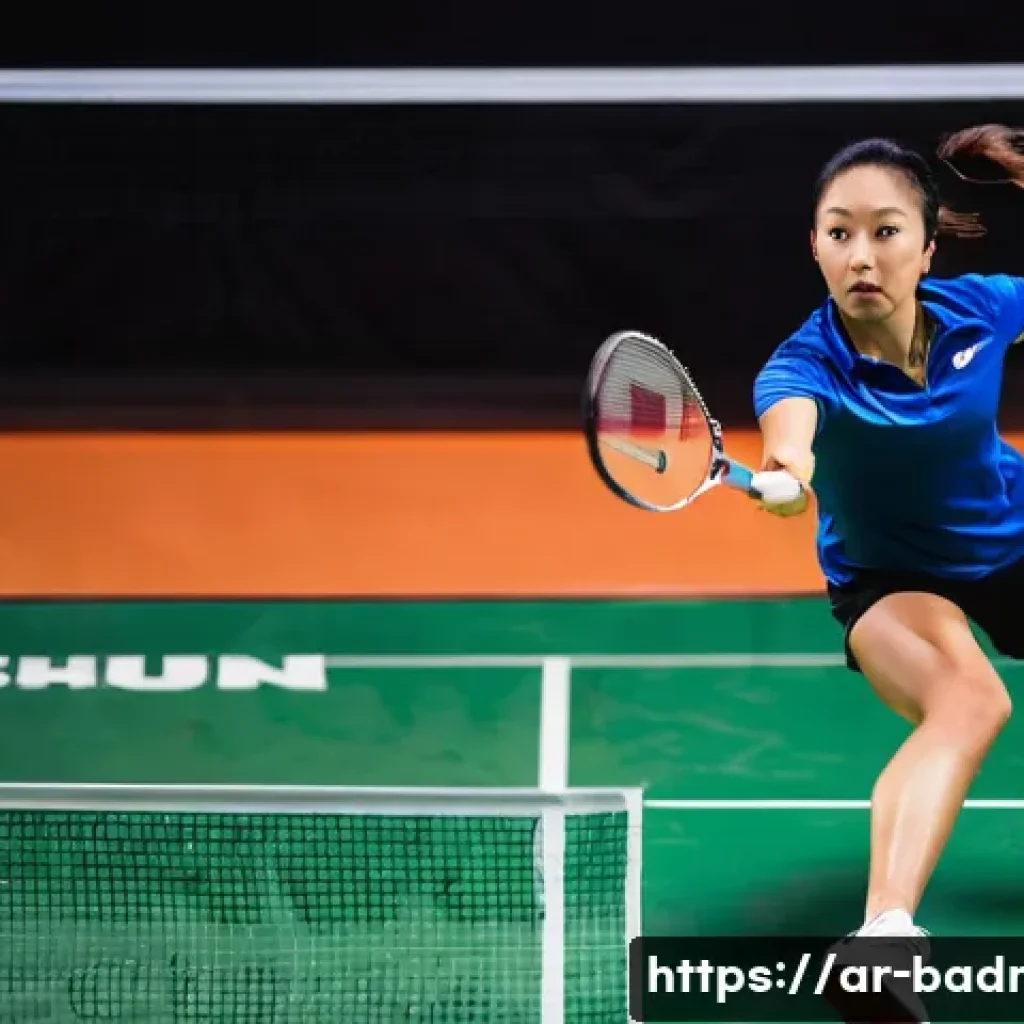 배드민턴 브랜드별 장단점 분석 - **Prompt:** A professional female badminton player, around 25-30 years old, in mid-air performing a ...
