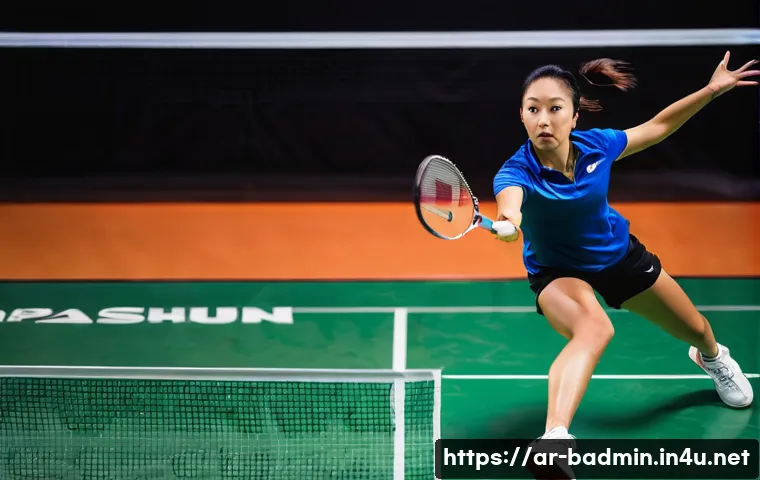 배드민턴 브랜드별 장단점 분석 - **Prompt:** A professional female badminton player, around 25-30 years old, in mid-air performing a ...