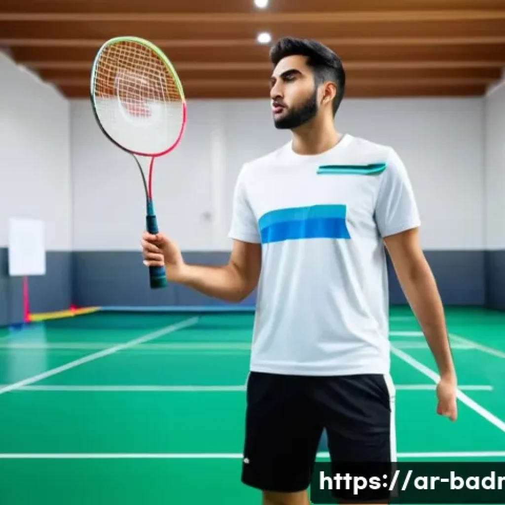 배드민턴 레슨 후 복습 방법 - A focused young Arab man practicing badminton alone in a modern indoor sports hall, wearing sporty a...
