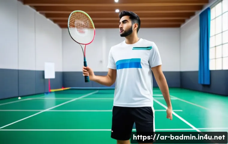 배드민턴 레슨 후 복습 방법 - A focused young Arab man practicing badminton alone in a modern indoor sports hall, wearing sporty a...