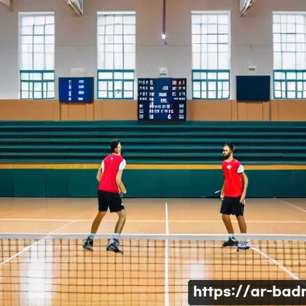 배드민턴 경기 규칙 요약 - A dynamic badminton doubles match scene set in a traditional indoor court, featuring two male Arab p...