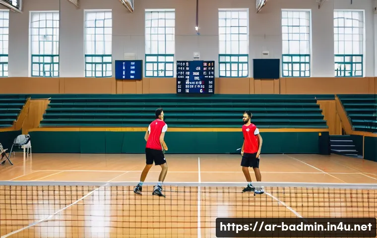 배드민턴 경기 규칙 요약 - A dynamic badminton doubles match scene set in a traditional indoor court, featuring two male Arab p...