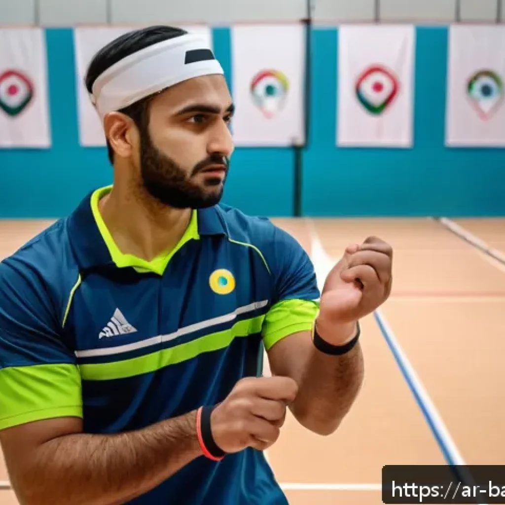 배드민턴 손목 부상 예방 방법 - A detailed scene of an Arabic male badminton player warming up his wrist before a match in a modern ...