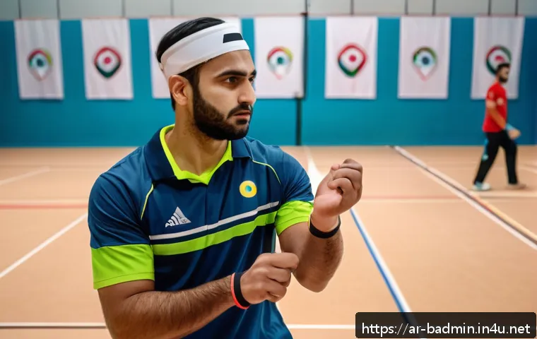 배드민턴 손목 부상 예방 방법 - A detailed scene of an Arabic male badminton player warming up his wrist before a match in a modern ...