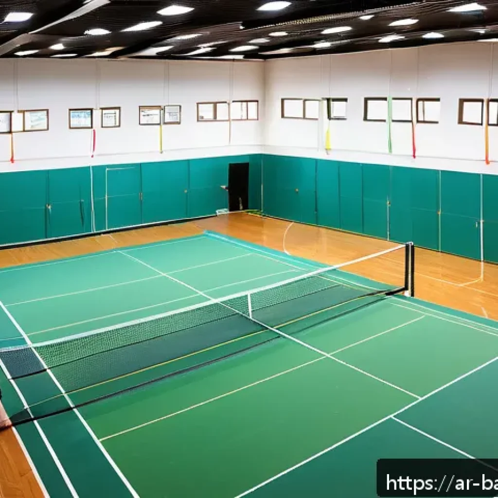 배드민턴 동아리 만들기 가이드 - A modern badminton club located in an urban Arabic neighborhood, easily accessible by public transpo...