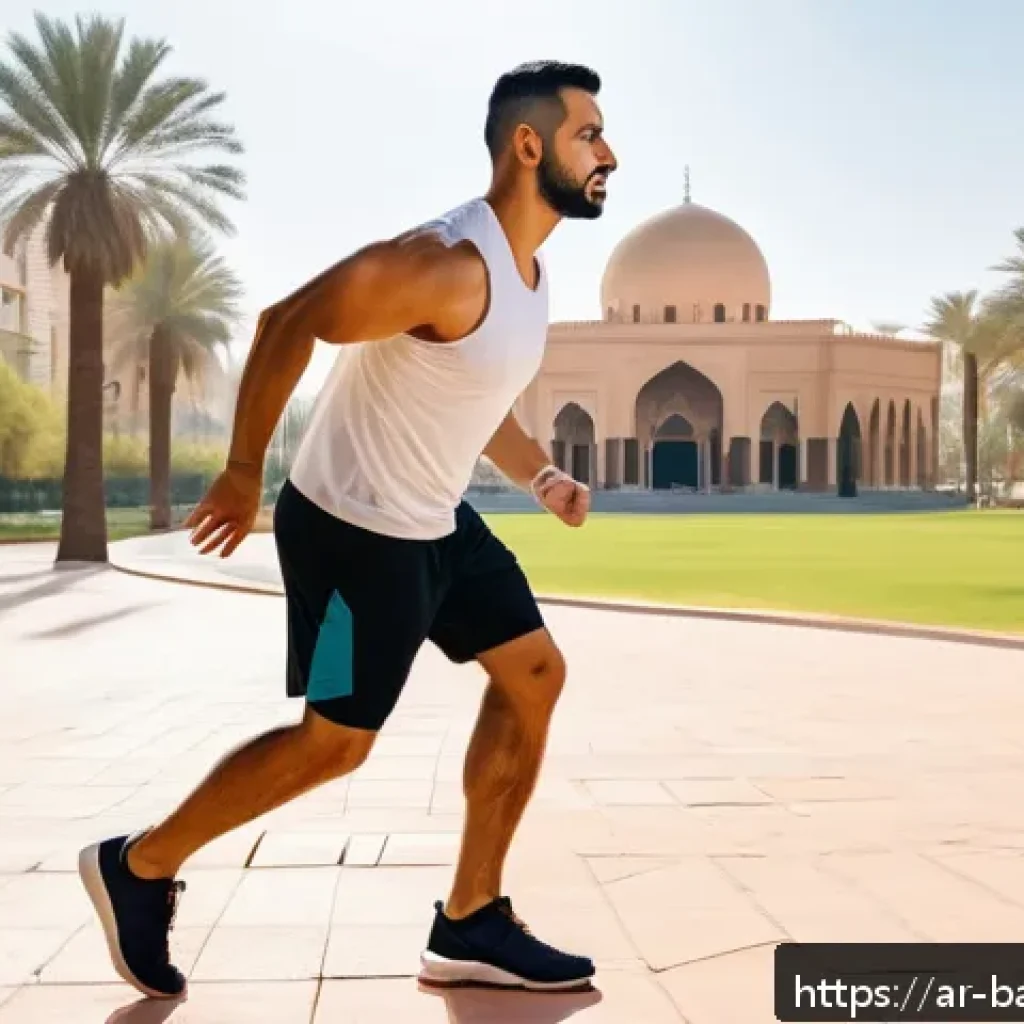 배드민턴 스트레칭 및 워밍업 방법 - A fit Arab man in his mid-30s wearing breathable sportswear and lightweight running shoes, performin...