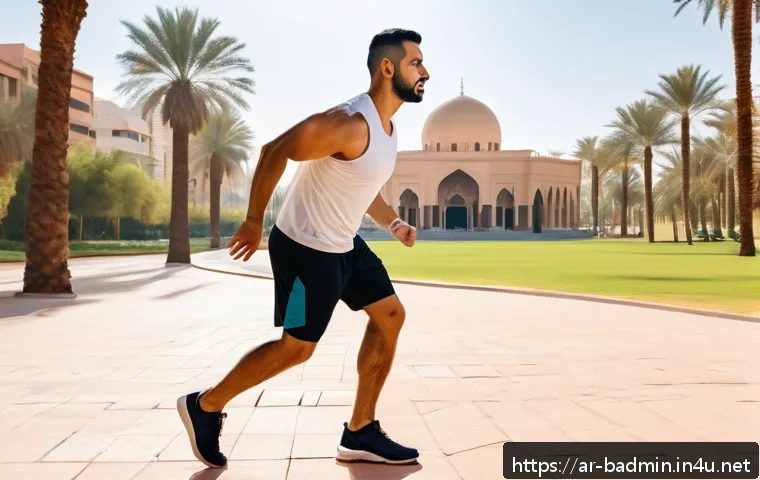 배드민턴 스트레칭 및 워밍업 방법 - A fit Arab man in his mid-30s wearing breathable sportswear and lightweight running shoes, performin...