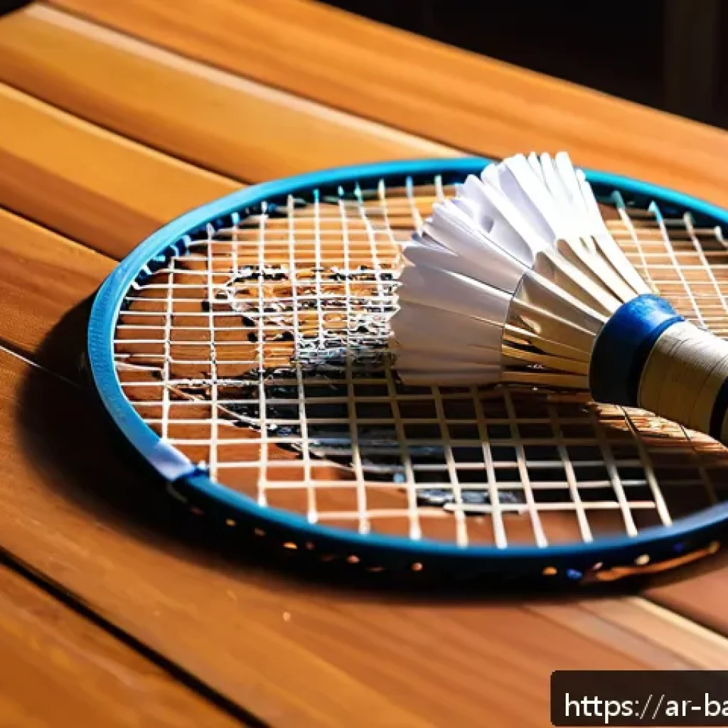 배드민턴 라켓 장기 보관 팁 - A detailed close-up scene of a badminton racket cleaning setup on a traditional Middle Eastern woode...