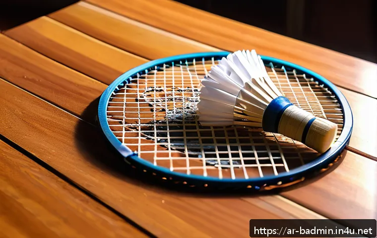 배드민턴 라켓 장기 보관 팁 - A detailed close-up scene of a badminton racket cleaning setup on a traditional Middle Eastern woode...