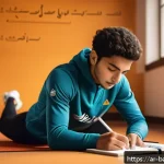 Home 22 배드민턴 훈련 일지 작성법 - A modern training diary scene set in a cozy, sunlit room with Arabic calligraphy art on the walls, s...