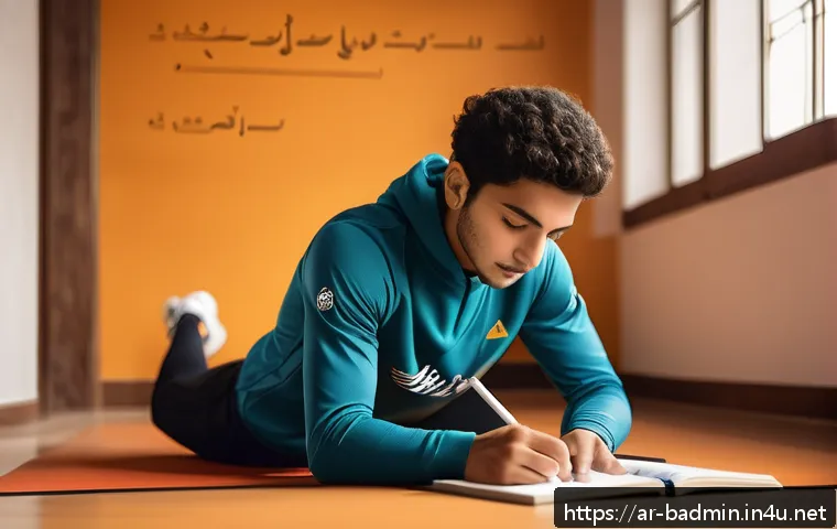 배드민턴 훈련 일지 작성법 - A modern training diary scene set in a cozy, sunlit room with Arabic calligraphy art on the walls, s...