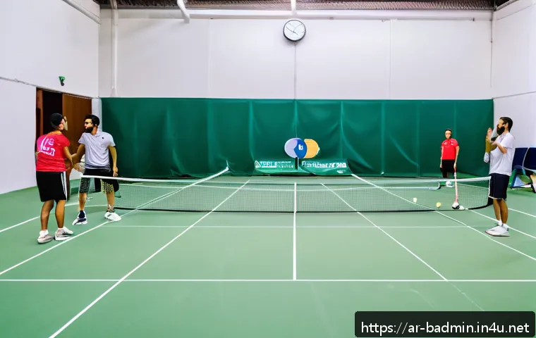 배드민턴 초보자를 위한 경기 매너 - A vibrant scene of a friendly badminton match in a well-lit indoor court, featuring diverse Arab adu...
