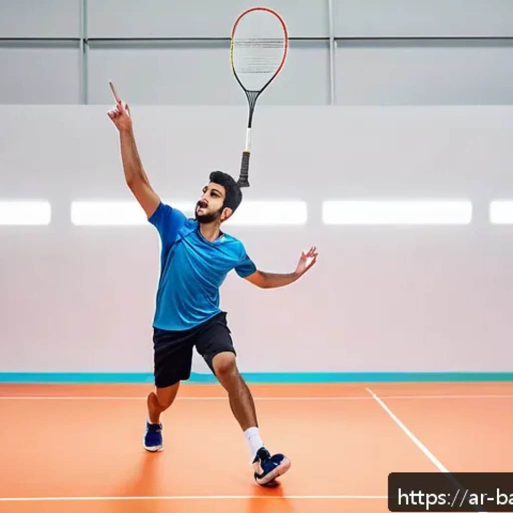 배드민턴 초보를 위한 유튜브 강의 - A young adult Middle Eastern male badminton player in a bright indoor court setting, wearing lightwe...