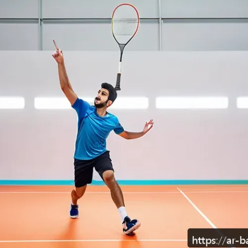 Home 32 배드민턴 초보를 위한 유튜브 강의 - A young adult Middle Eastern male badminton player in a bright indoor court setting, wearing lightwe...