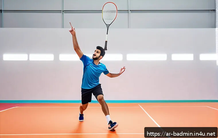 배드민턴 초보를 위한 유튜브 강의 - A young adult Middle Eastern male badminton player in a bright indoor court setting, wearing lightwe...