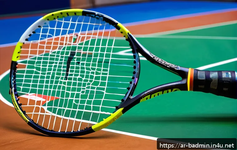 배드민턴 라켓 선택 가이드 - A detailed close-up shot of a professional badminton racket showcasing a medium-sized, compact head ...