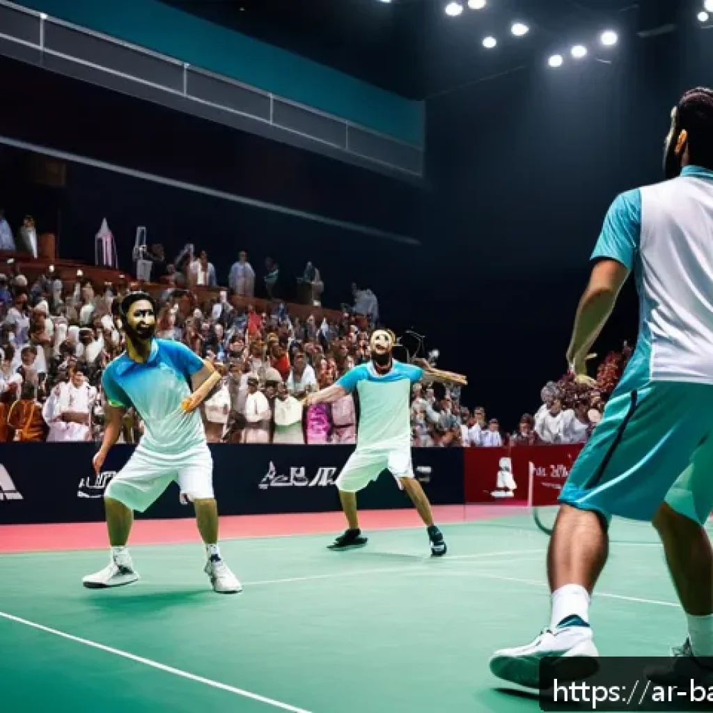 배드민턴 올림픽 종목 특징 - A dynamic badminton match scene capturing two skilled Arabic male players in mid-action on an indoor...