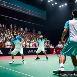 Home 23 배드민턴 올림픽 종목 특징 - A dynamic badminton match scene capturing two skilled Arabic male players in mid-action on an indoor...