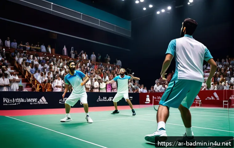 배드민턴 올림픽 종목 특징 - A dynamic badminton match scene capturing two skilled Arabic male players in mid-action on an indoor...