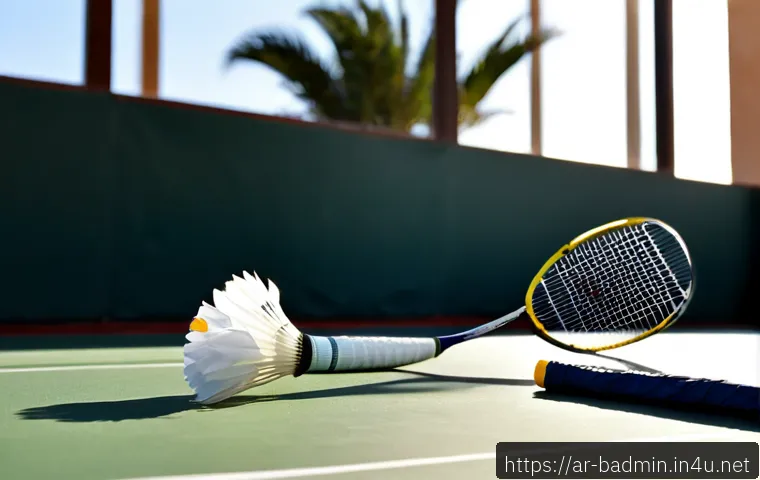 배드민턴 라켓과 셔틀콕 세트 추천 - Photorealistic premium badminton racket and shuttlecock set arranged neatly on a sunlit indoor sport...