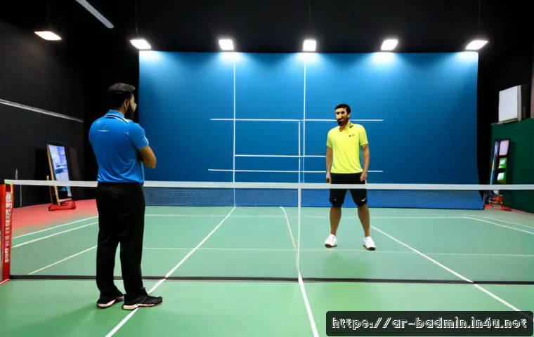 배드민턴 국가대표 경기 분석 - Photorealistic sports analysis scene, Arab badminton coach in modest professional attire studying a ...